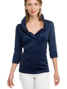 Gretchen Scott Designs Navy Ruffle Blouse